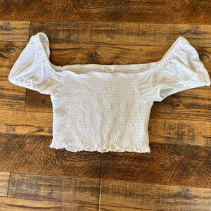White Smocked Crop Top Medium Puff Sleeve Off Shoulder Cottagecore Romantic
